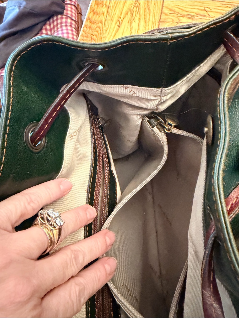 Time Resistance Green Italian Leather Drawstring Bucket Bag with Brown Trim - Picture 9 of 15